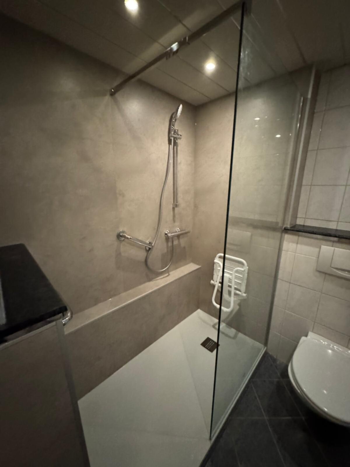 Douchecabine met glazen wand en deur, betegelde muren en vloer, toilet rechts