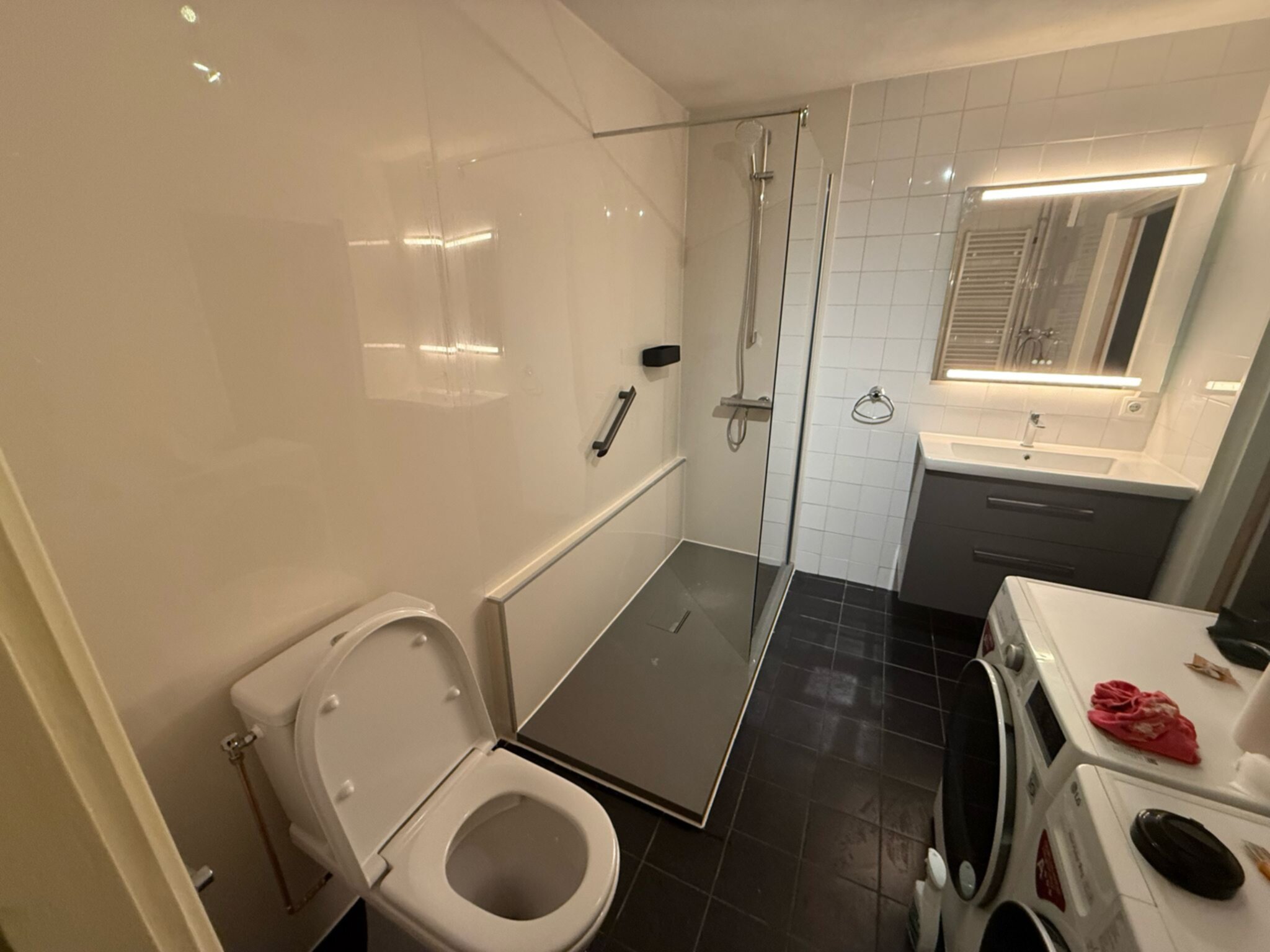 Badkamer met witte wanden en donkere vloer, toilet, douche en wasbak