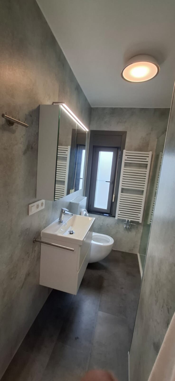 Moderne badkamer met grijze wanden, witte wasbak en toilet