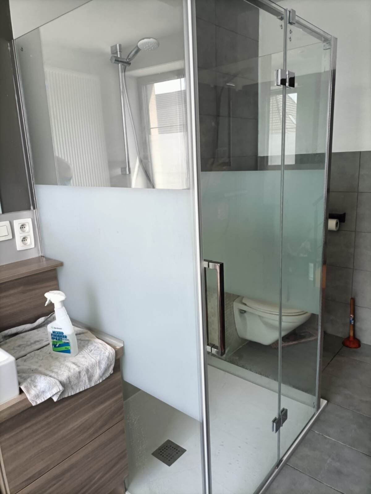 Badkamer met glazen douchecabine en witte toilet