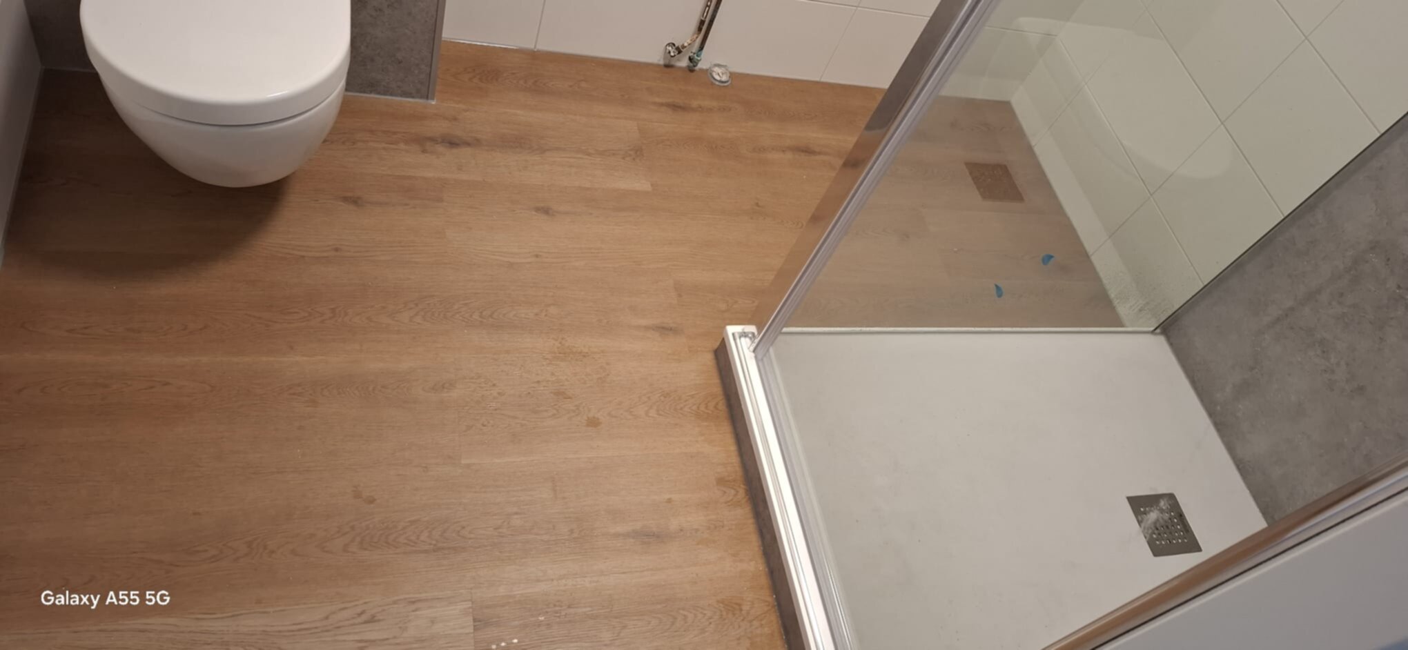 Badkamer vloer met houtlook en witte toilet en douche