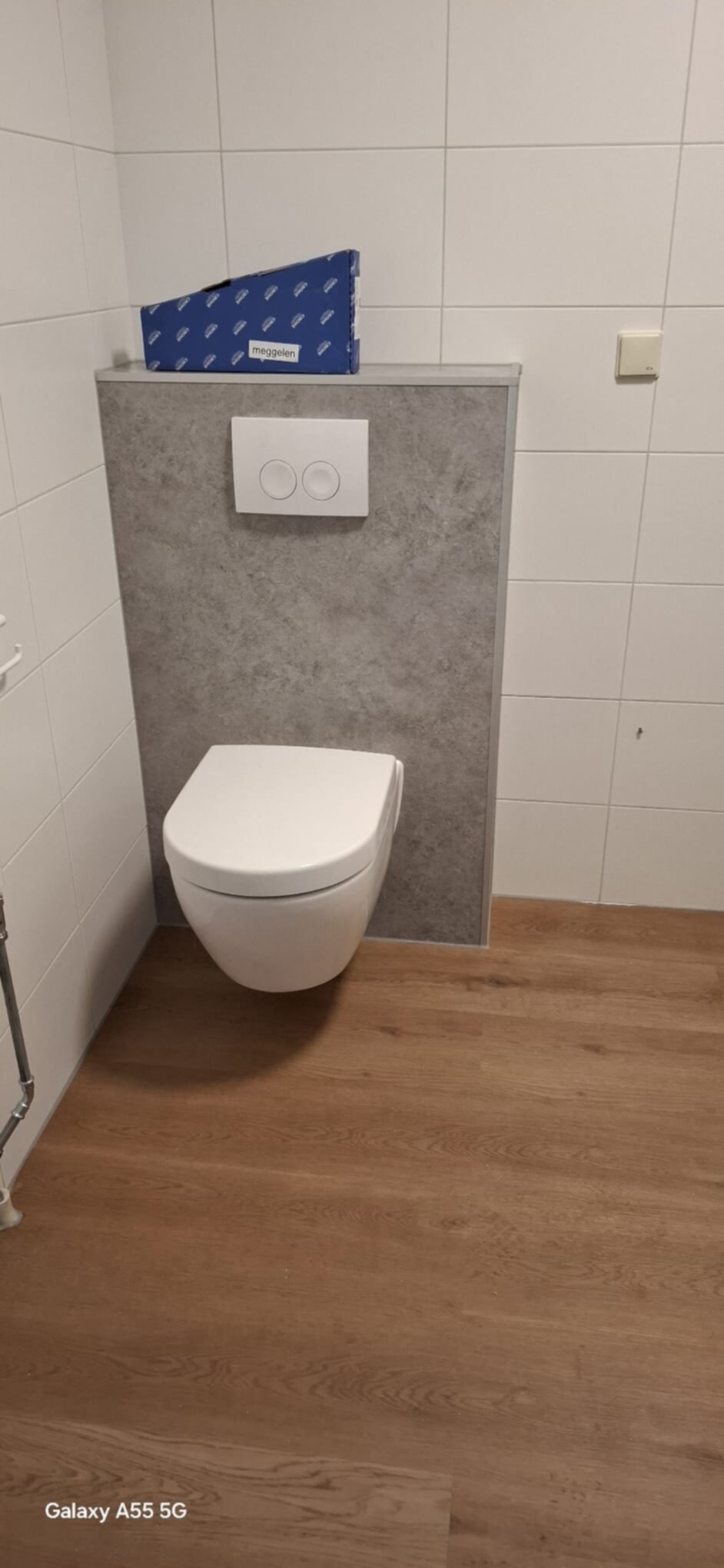 Wit toilet met grijze betegeling en houten vloer