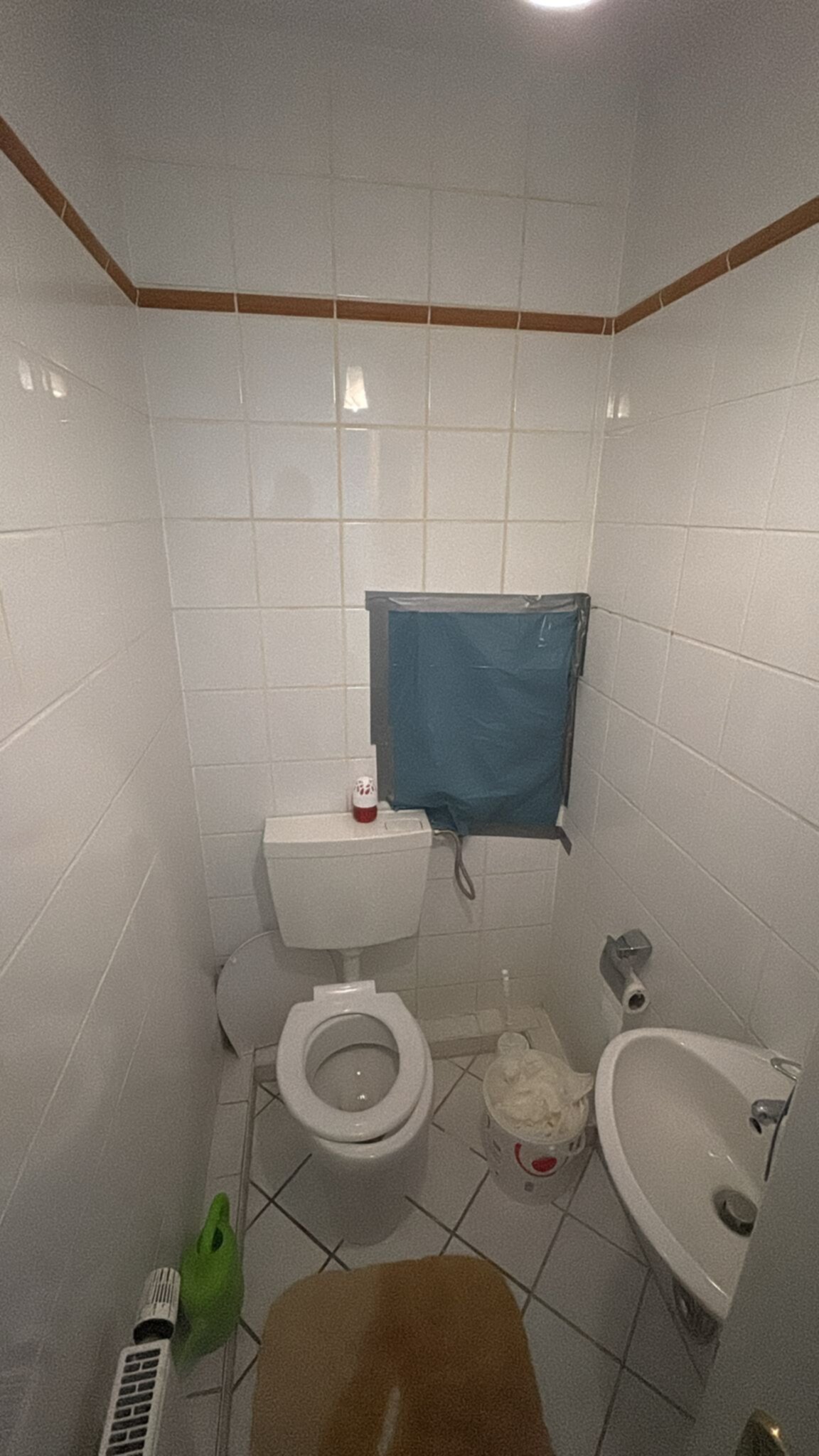 Kleine, witte badkamer met toilet, wastafel en betegelde muren en vloer.