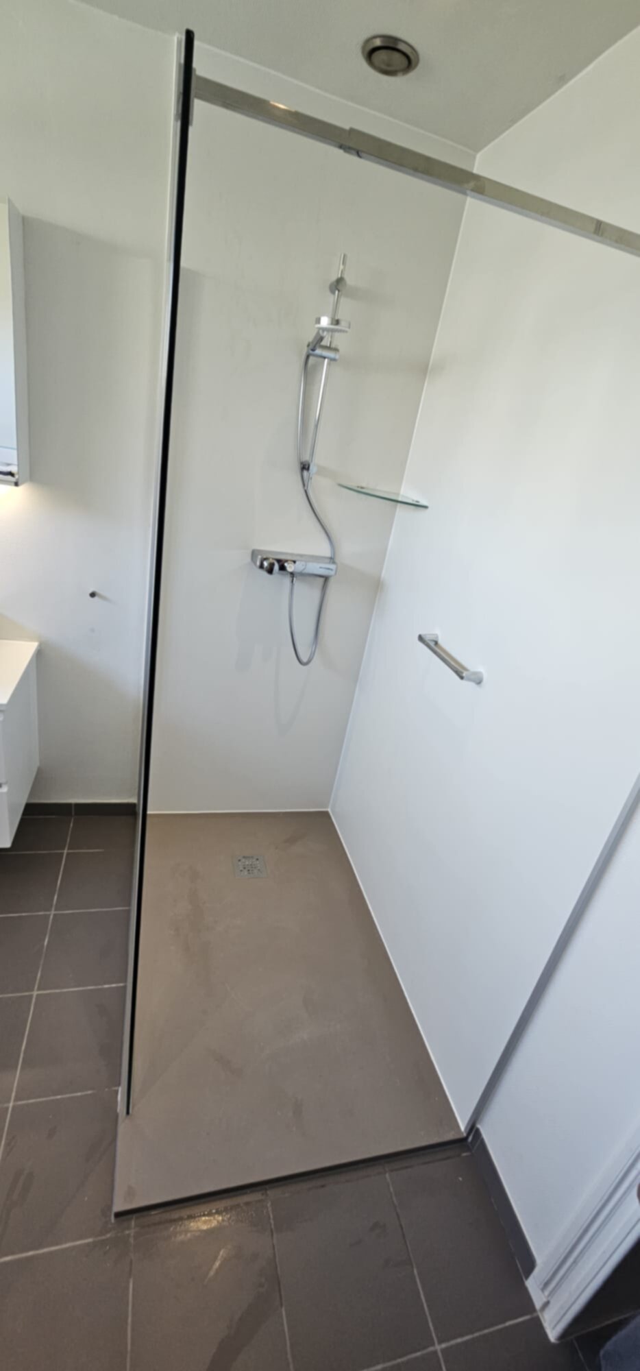 Douchecabine met glazen deur en wand, chroom douchekraan, beige vloer en donkere tegelvloer