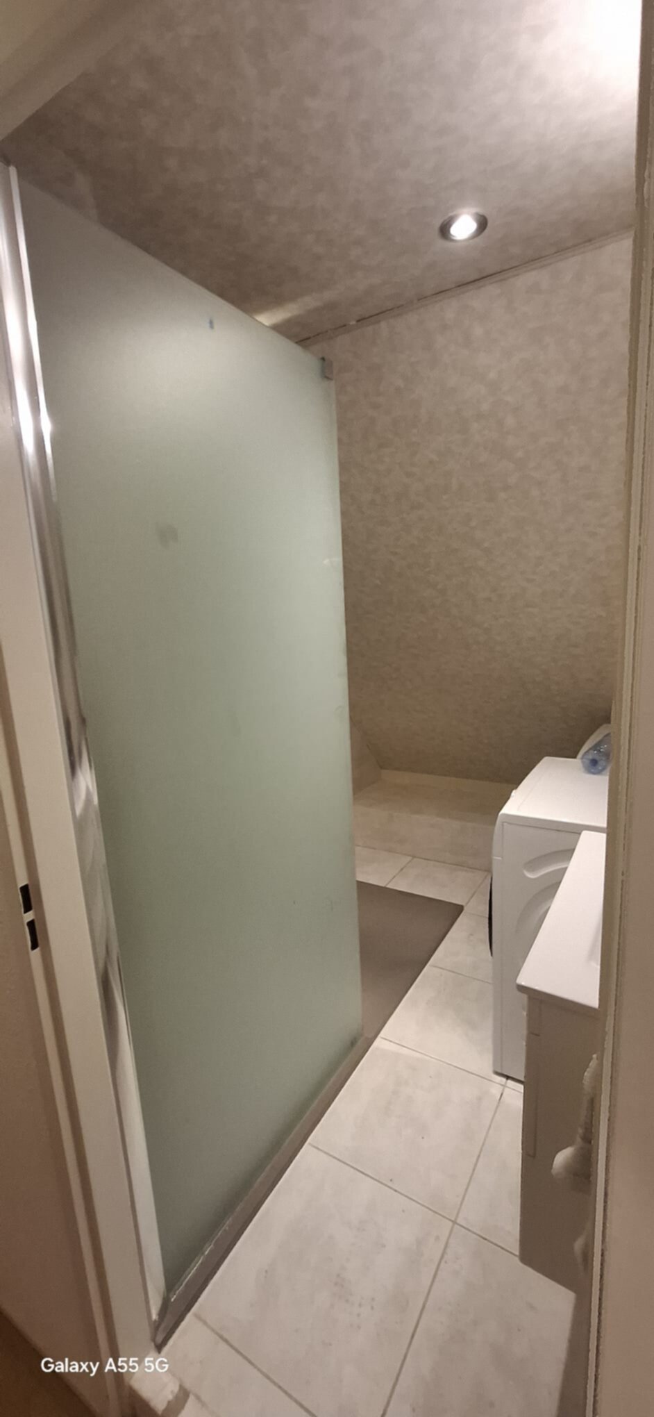 Een kleine badkamer met een glazen douchewand en een wasmachine