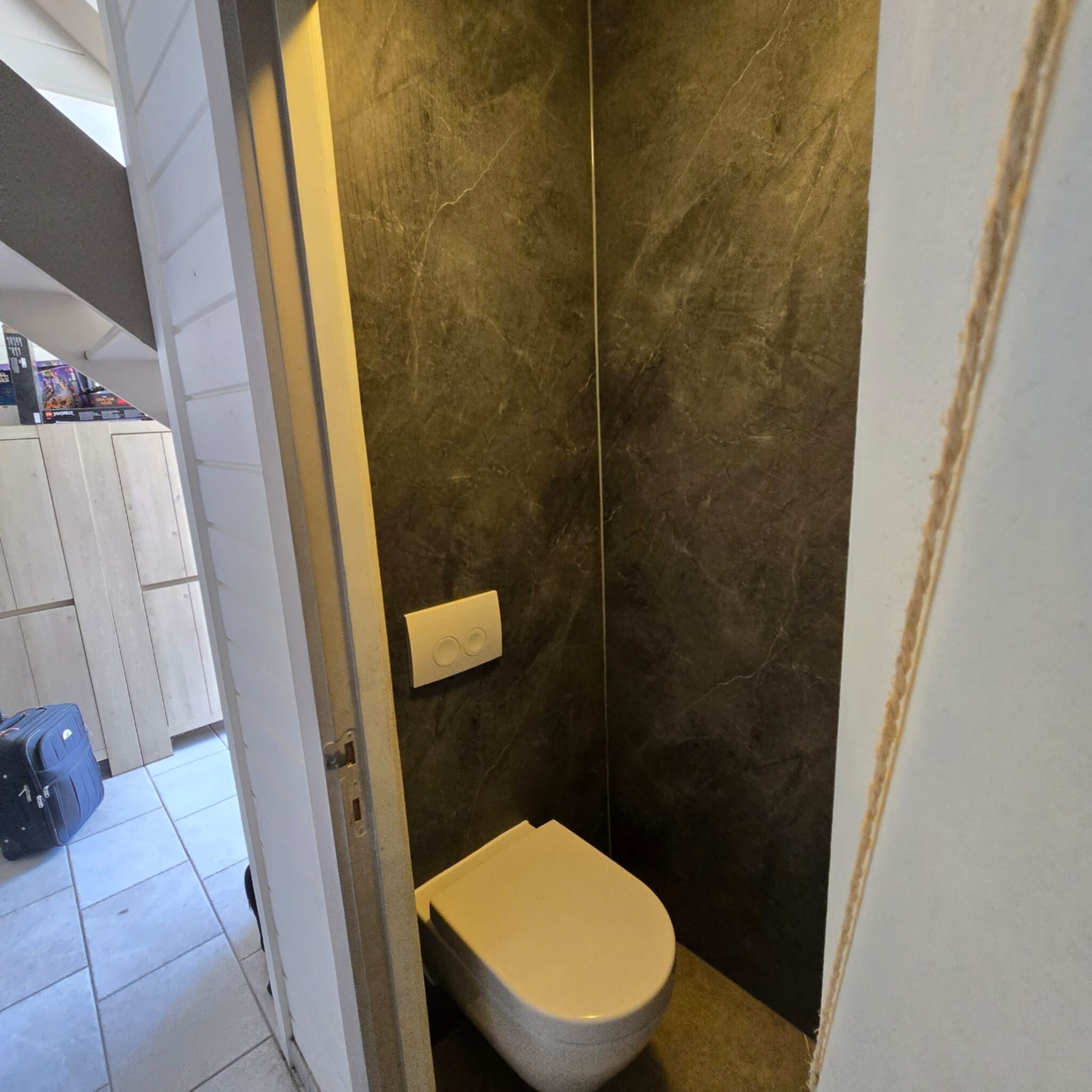 Toiletruimte met donkere marmeren wand en witte toilet