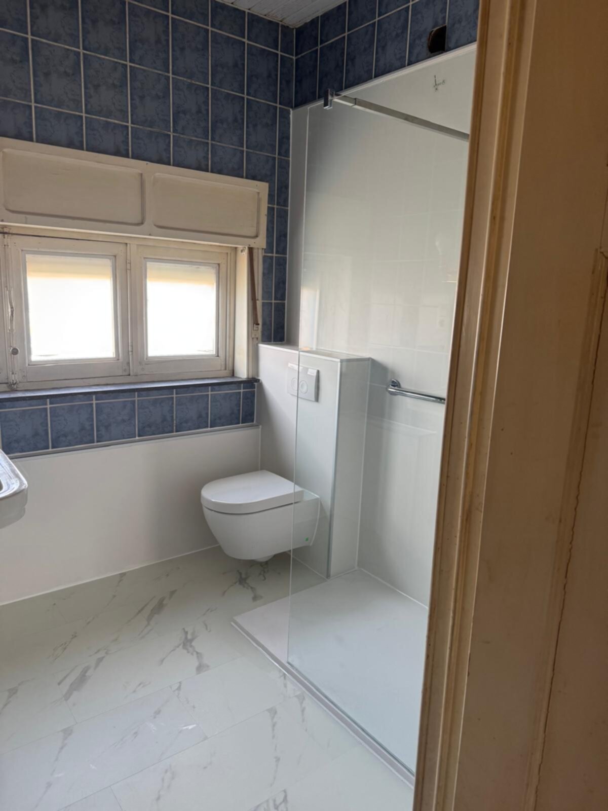 Blauwe en witte betegelde badkamer met toilet en douche