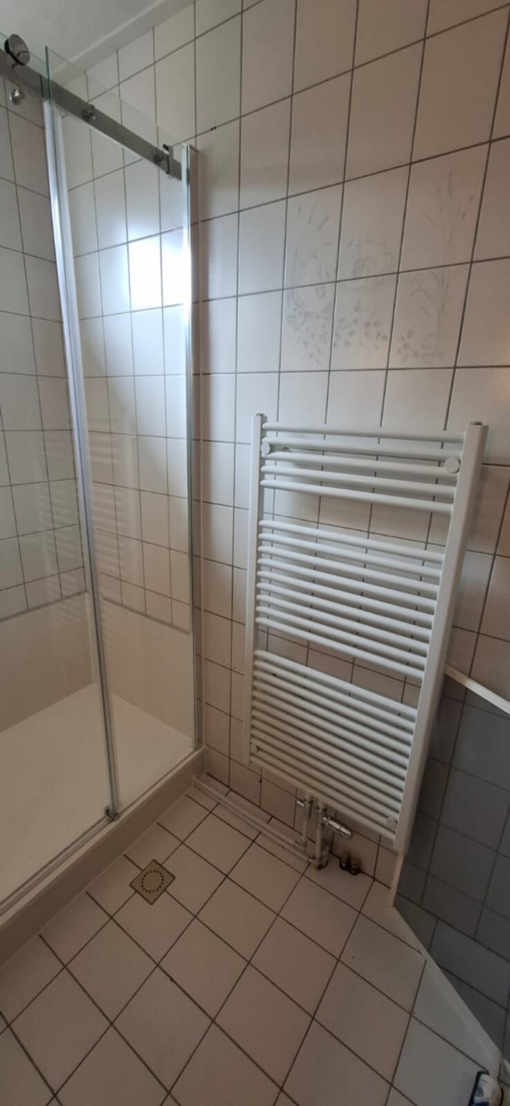 Wit betegelde badkamer met glazen douchecabine en witte verwarmingsradiator