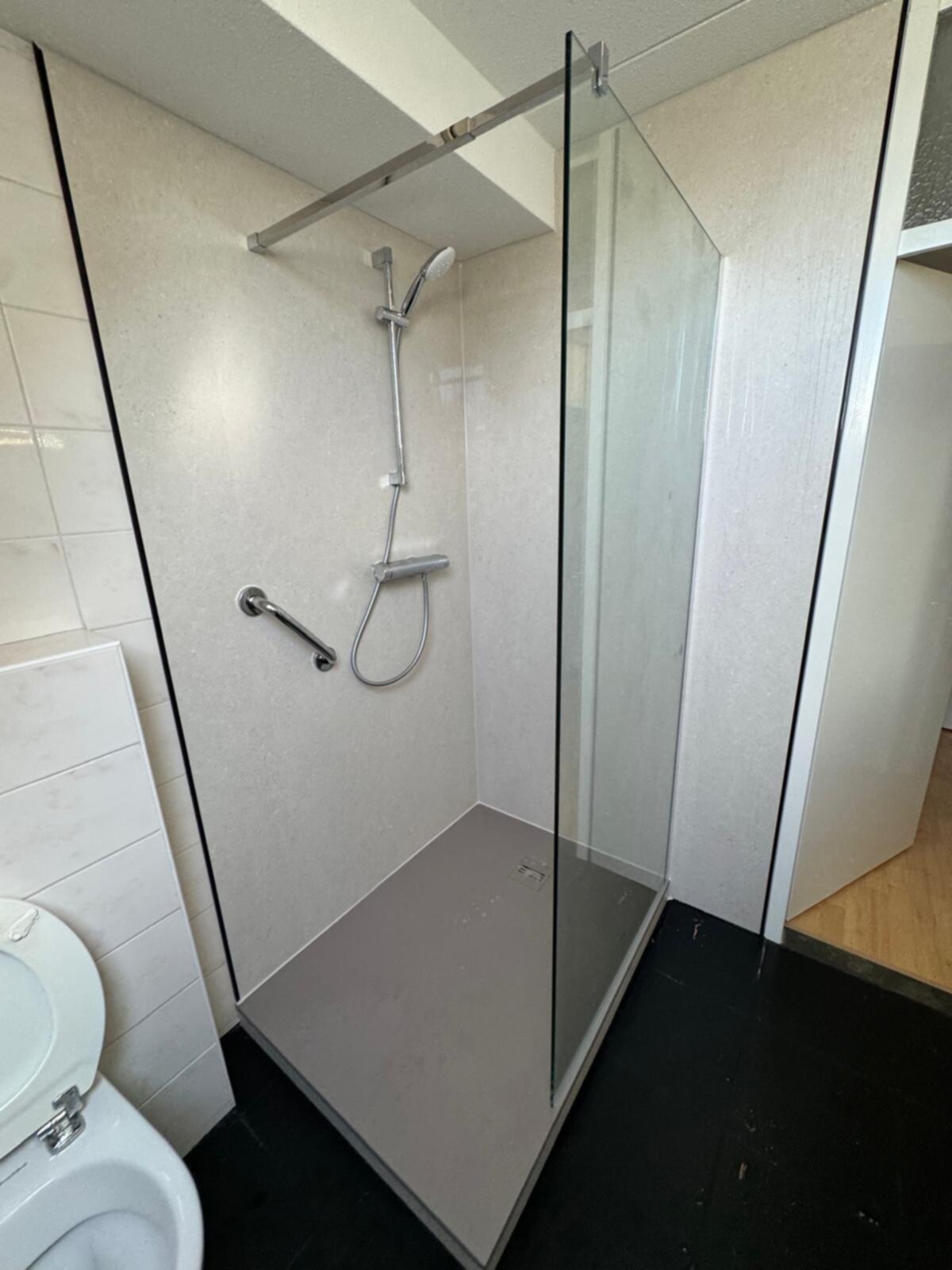 Douchecabine met glazen wand en deur, chroomkleurige douchekop en -greep, witte toilet