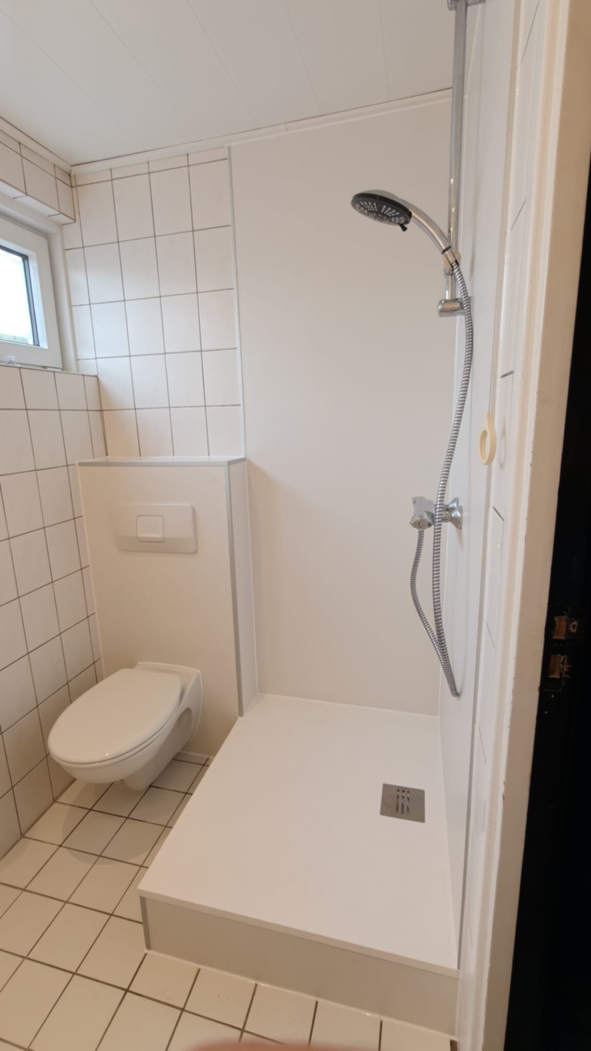 Wit betegelde badkamer met douche, toilet en wandbetegeling