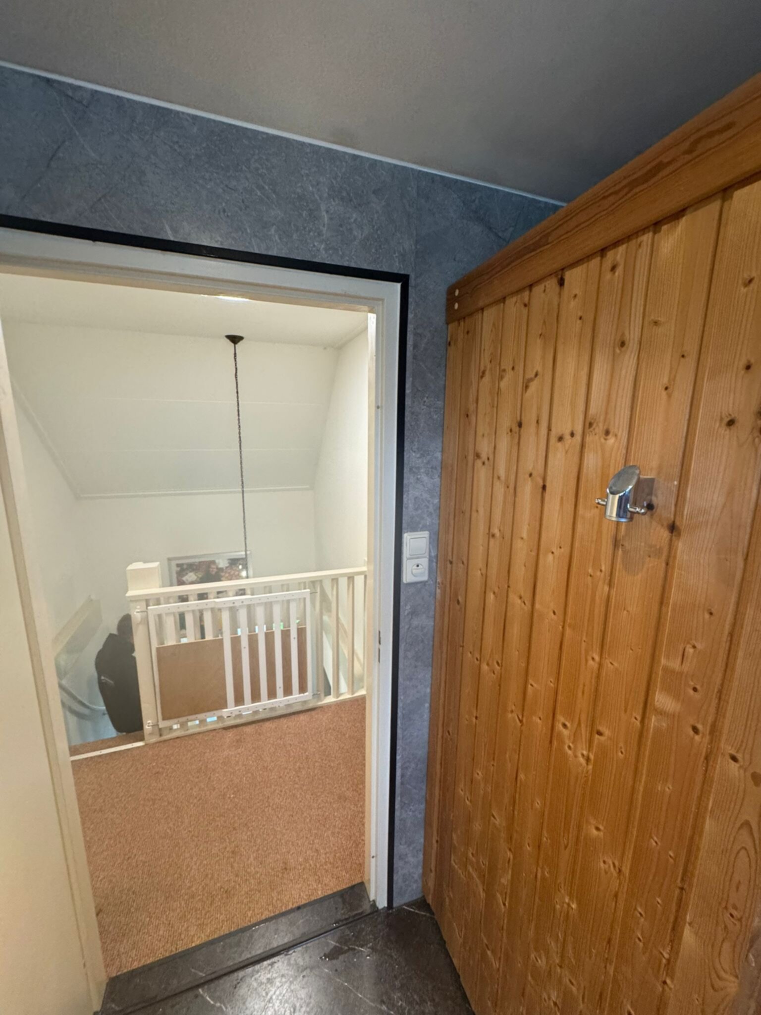 Ingang naar badkamer met houten deur en grijze wand